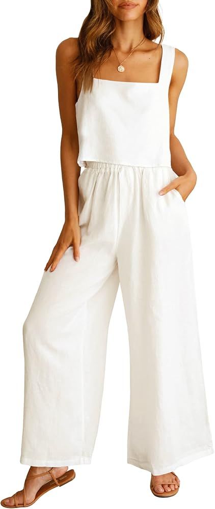 ANRABESS Women's 2 Piece Outfits Square Neck Linen Tank Crop Top Wide Leg Pants Matching Lounge S... | Amazon (US)