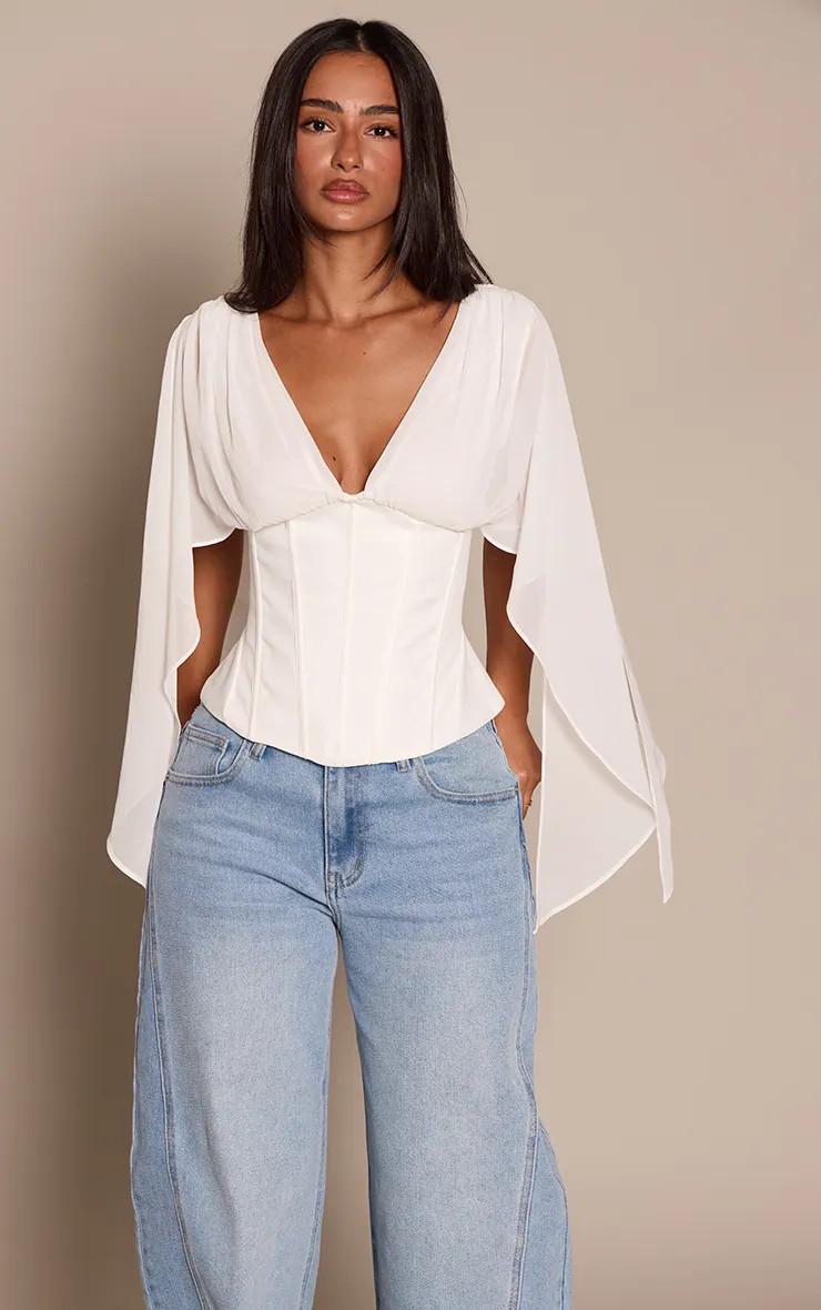 Petite White Corset Waist Chiffon Drape Sleeve Top | PrettyLittleThing US