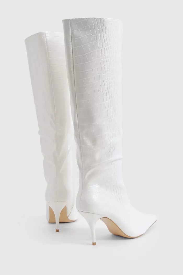 Low Heel Pointed Croc Knee High Boots | boohoo (US & Canada)