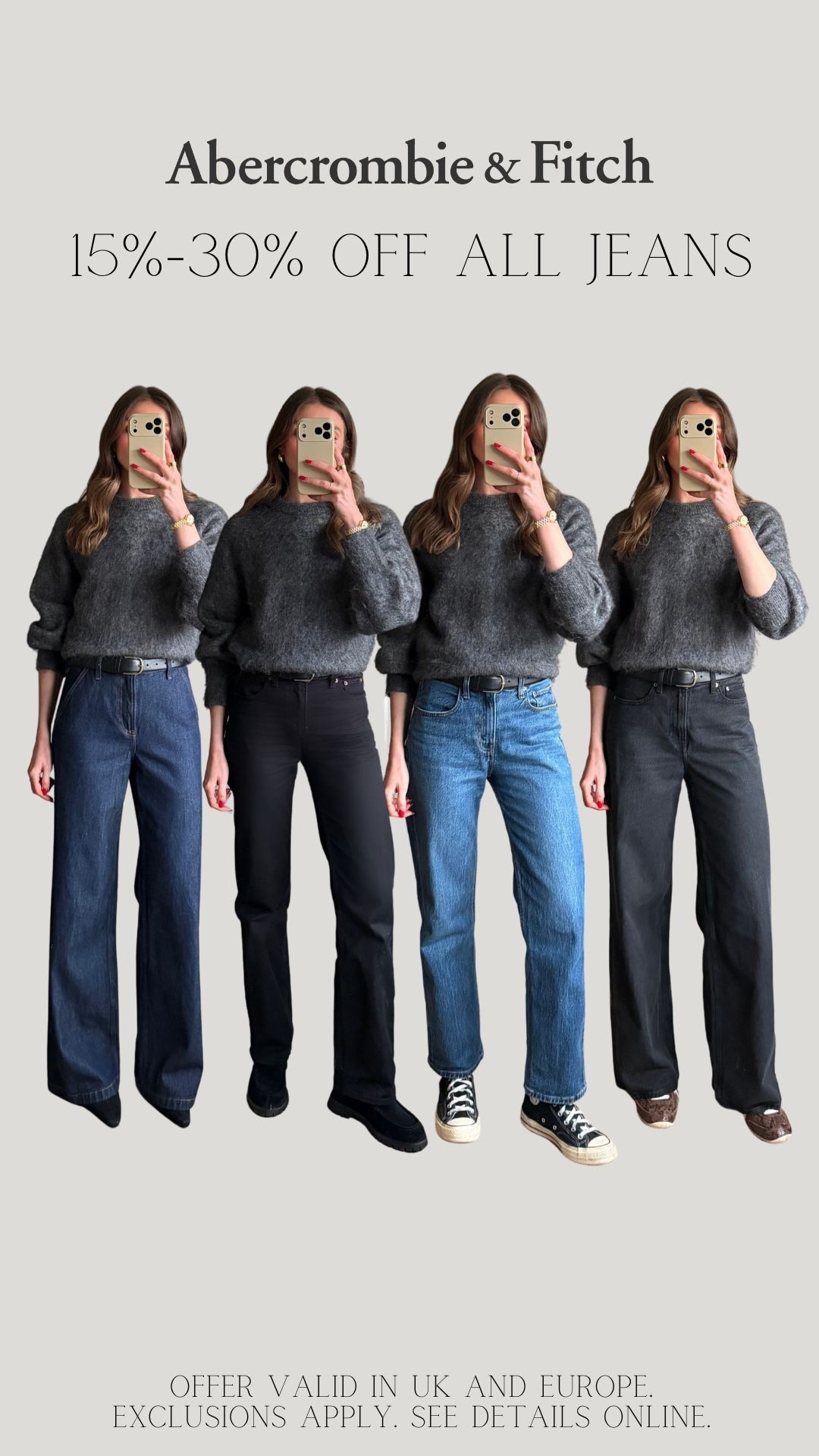 AD. @abercrombie #abercrombiepartner
15% to 30% off all jeans! Use code: AFEMILY for an extra 15% off on top! 
From left to right
w25 L in the wide leg jean trousers
w24 reg in the black straight leg jeans high rise 90s relaxed jean
W25 reg in the vintage straight blue jeans
W25 reg in the black wide leg jeans 


