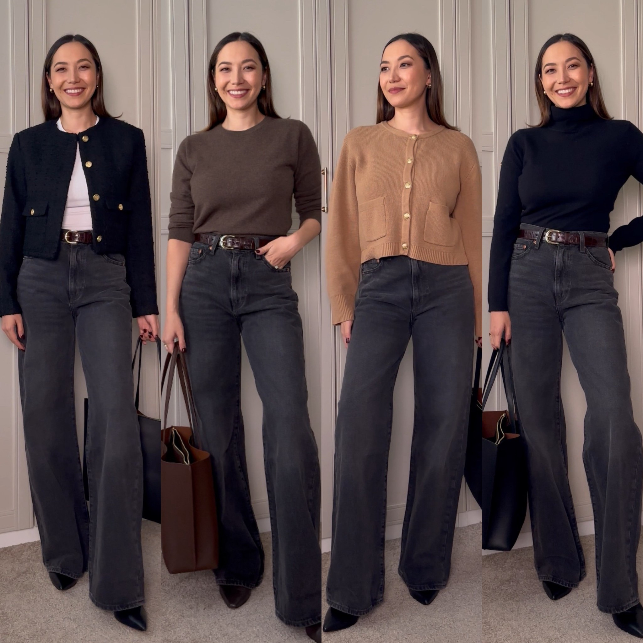 Workwear with wide leg jeans 

Most items are old/sold out: 
Levi’s ribcage wide leg jeans — linked to similar style at Abercrombie 
Black crop jacket — linked to similar style 
Quince cashmere Crewneck — xs 
Jcrew cardigan — linked to similar style 
Turtleneck — linked to similar style 
Quince leather tote bag 
Boots — linked to similar style 


#LTKWorkwear