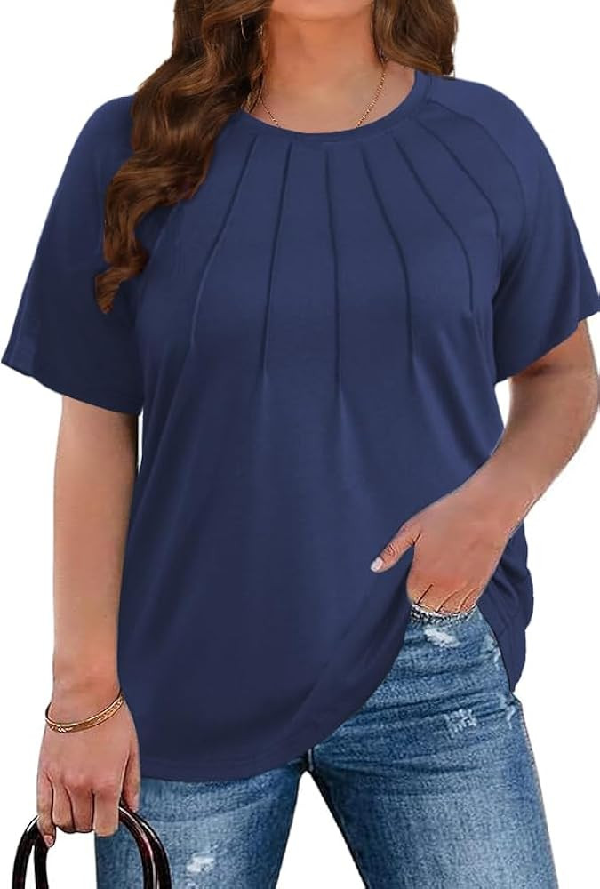 CARRROTMOB Plus Size Blouses for Women Pleated Casual Short Sleeve Round Neck Shirts Dressy Loose... | Amazon (US)