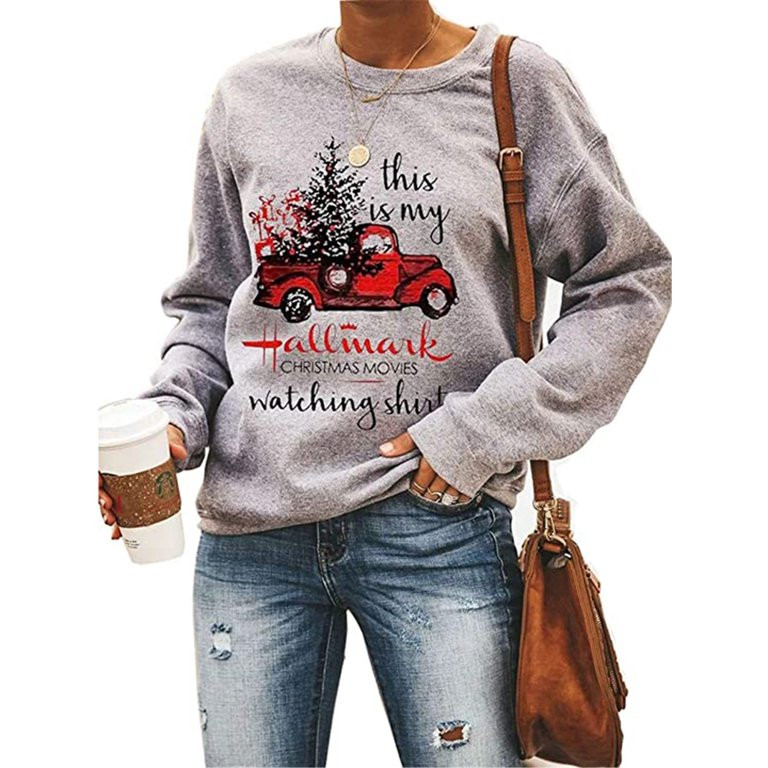Aunavey Women This is My Christmas Movies Watching Shirt Sweatshirt Truck Tree Graphic Tees Pullo... | Walmart (US)