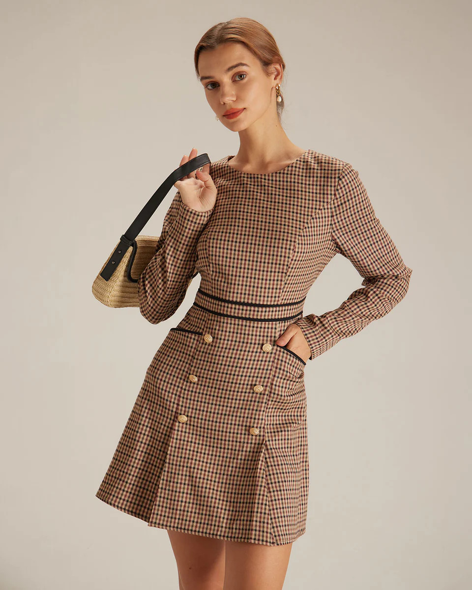 The Brown Round Neck Plaid Button Mini Dress & Reviews - Brown - Dresses | RIHOAS | rihoas.com