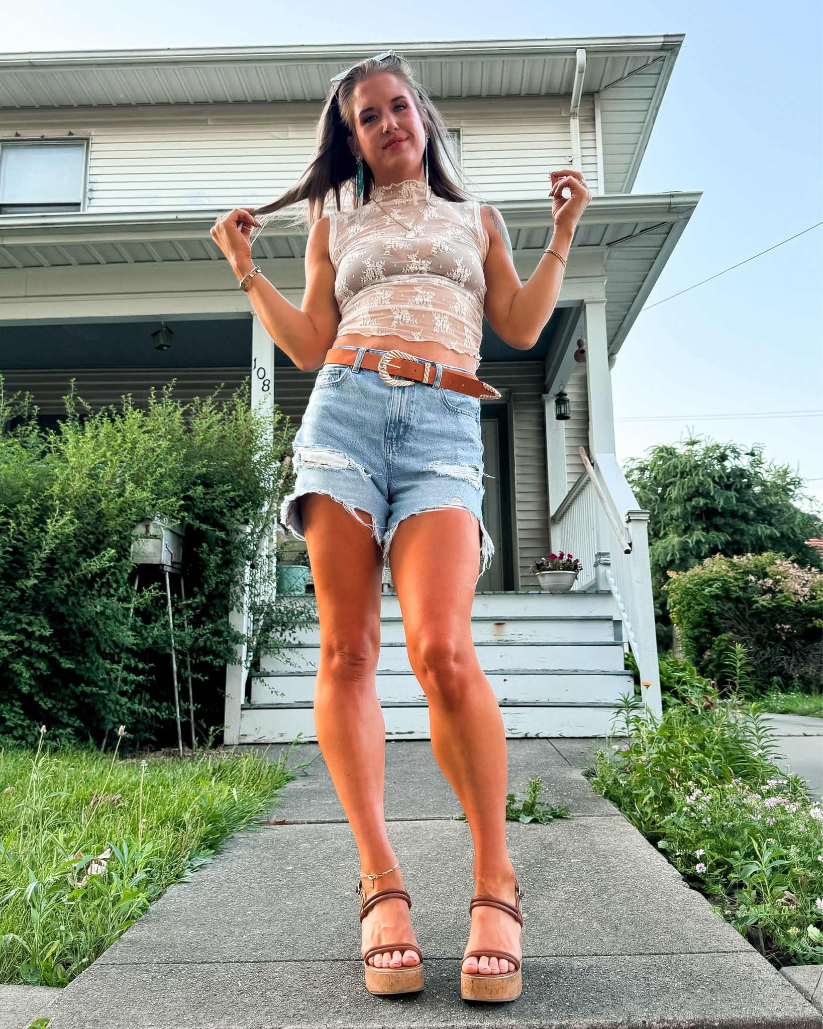 Random Summer slay the other day | A&E baggy denim shorts | Free people lace top | forever21 belt | Target bralette and platform heels | jewelry is mix and match of all my recent faves 
#summerstyle #outfitslay #freepeoplefinds #style #casualcute 

#LTKSeasonal #LTKFindsUnder50 #LTKStyleTip