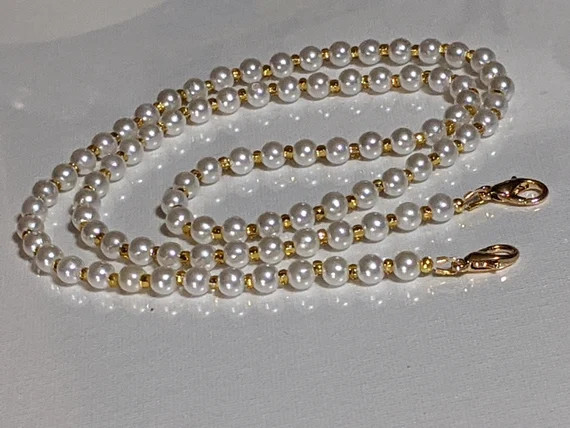 New MASK Chain Holder Necklace Lanyard Gold with White Pearls lobster claws easy ON & OFF Lightwe... | Etsy (US)