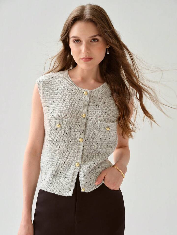 SHEIN Women's Casual Blend Gray Button Trimmed Sweater Vest, Everyday Commuting Fall Women's Clot... | SHEIN