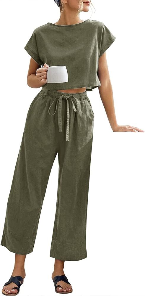 Eurivicy Women's 2 Piece Outfits Casual Short Sleeve Crop Top and Pocketed Wide Leg Pants with Belt  | Amazon (US)
