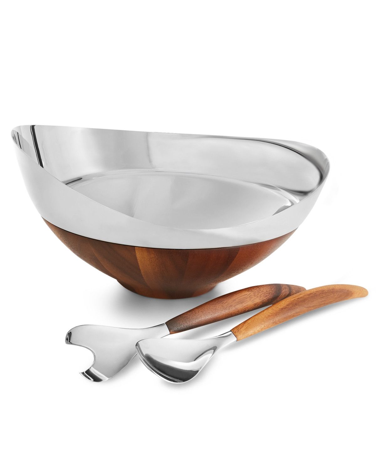 Nambe Pulse 3 Piece Stainless 12" Salad Bowl with Servers - Silver And Brown | Macy's