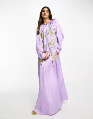 ASOS DESIGN embroidered satin volume sleeve midaxi dress in lilac | ASOS | ASOS (Global)
