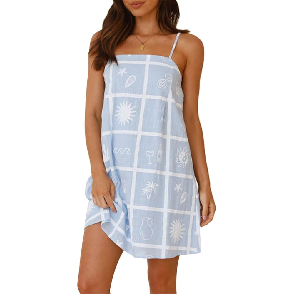 Women Y2K Boho Mini Dress Cute Colorful Spaghetti Strap Short Dress Graffiti Loose Fit Beach Sund... | Amazon (US)