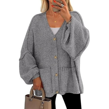 PRETTYGARDEN Fall Chunky Cardigan Sweaters for Women Button Long Lantern Sleeve Knit Oversized Sweater Coats with Pocket | Walmart (US)