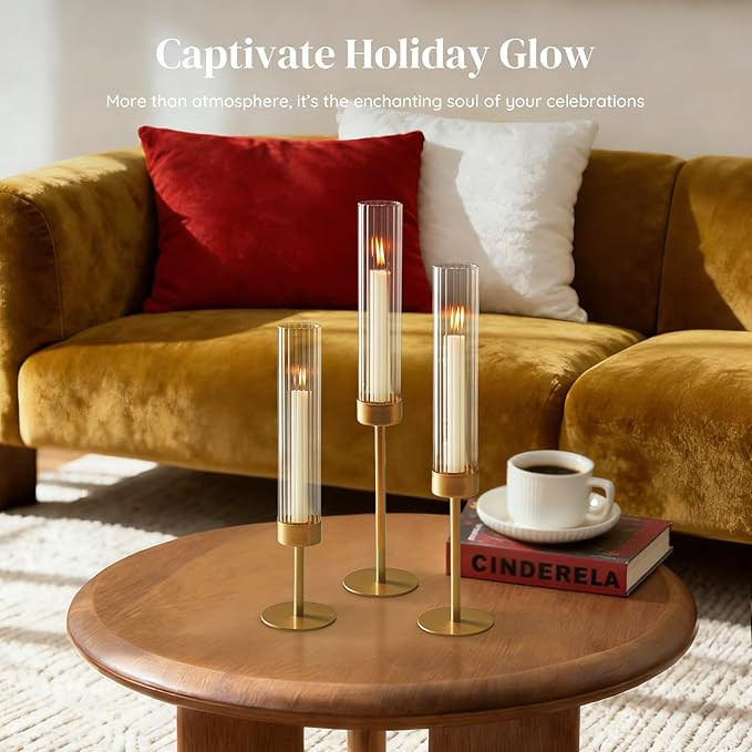 Gold Hurricane Taper Candle Holders: Glasseam 3Pcs Brass Candlestick Holders with Ribbed Glass Cy... | Amazon (US)