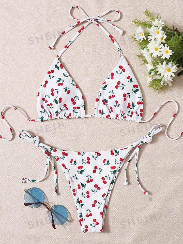 SHEIN Swim Mod Summer Beach Cherry Print Triangle Tie Side Bikini Set | SHEIN