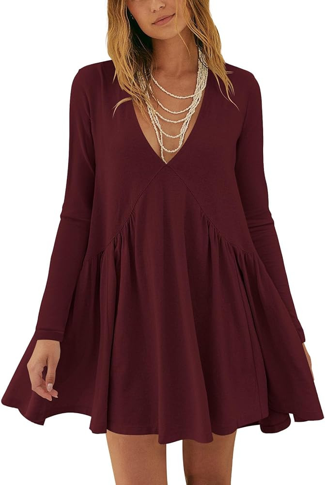 Atizon Womens Casual Long Sleeve Mini Dress Pleated Loose V Neck Sundress Flowy Fall Winter | Amazon (US)