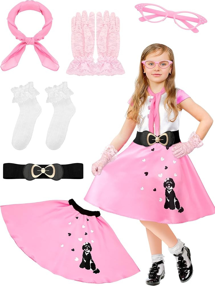 6 Pcs 50s Outfit for Girls 1950s Poodle Skirt Set Pink Kids Decades Outfit with Dress Scarf Glass... | Amazon (US)
