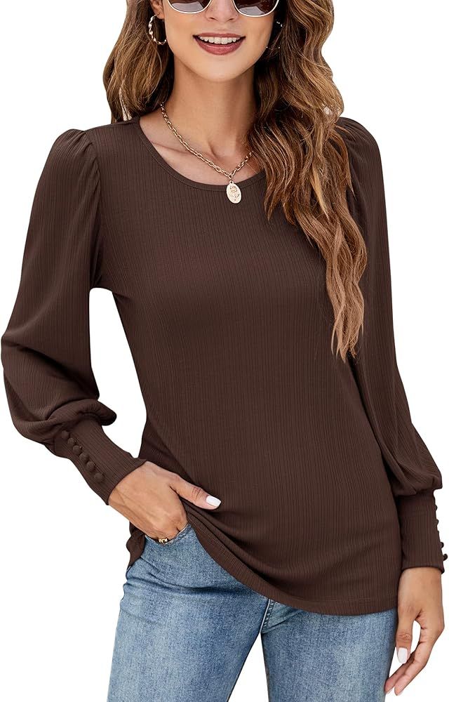 Amazon.com: LUYAA Women's Puff-Sleeve Crew-Neck Stretch Jersey T-Shirt Work Blouses Coffee S : Cl... | Amazon (US)