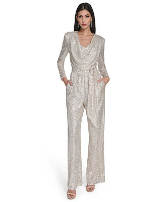 Women's Long-Sleeve Social-Sequin Jumpsuit | Macy's