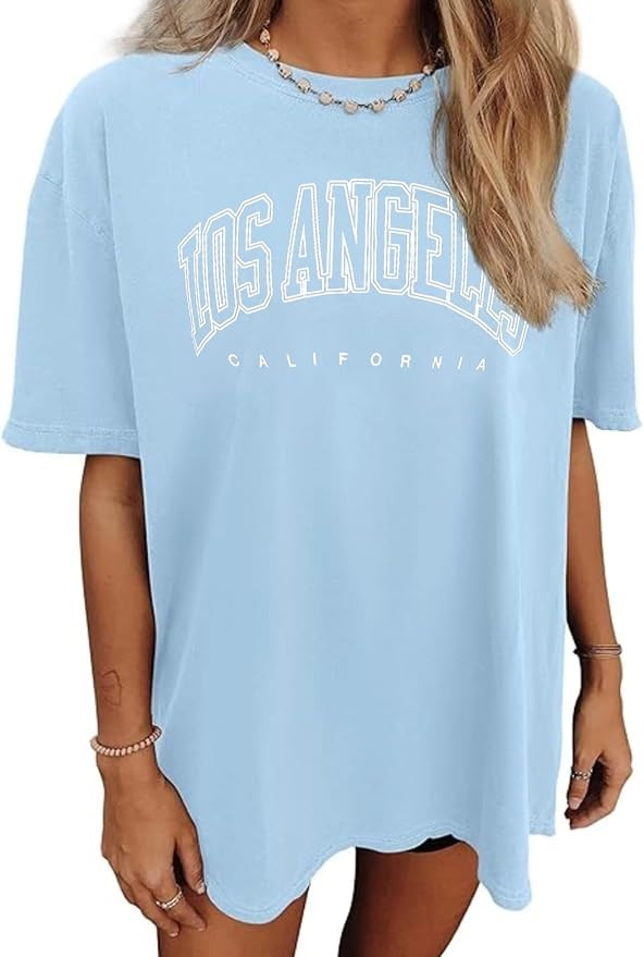 Oversized T Shirts for Women Short Sleeve Summer Loose Vintage Graphic Tees LA Blue Large at Amaz... | Amazon (US)