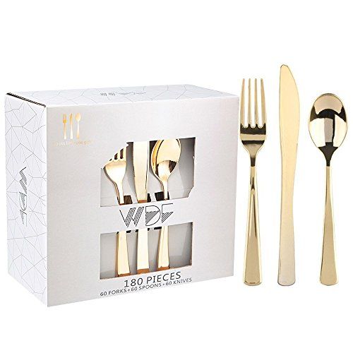 WDF 180 Pieces Disposable Plastic Gold Silverware Cutlery - Plastic Flatware Set 60 Forks, 60 Kni... | Amazon (US)