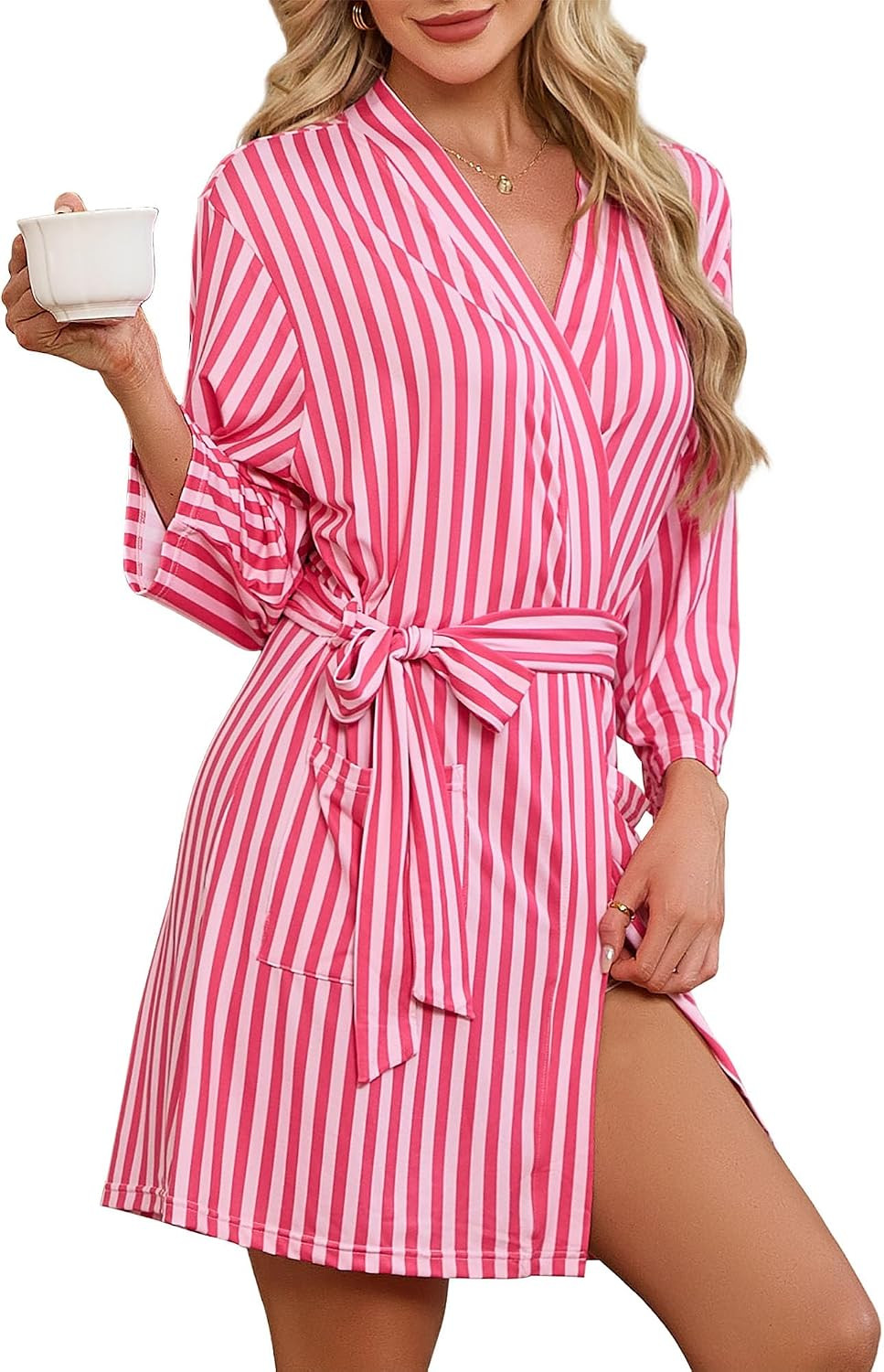 LYCY Short Robes for Women, Striped Lightweight Kimono Bathrobe for Spa | Amazon (US)