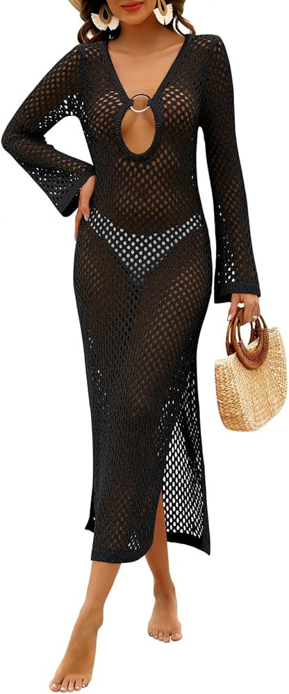 Caracilia Women Swimsuit Coverup Crochet Bathing Suit Swim Cover Ups for Swimwear Summer Long Sle... | Amazon (US)