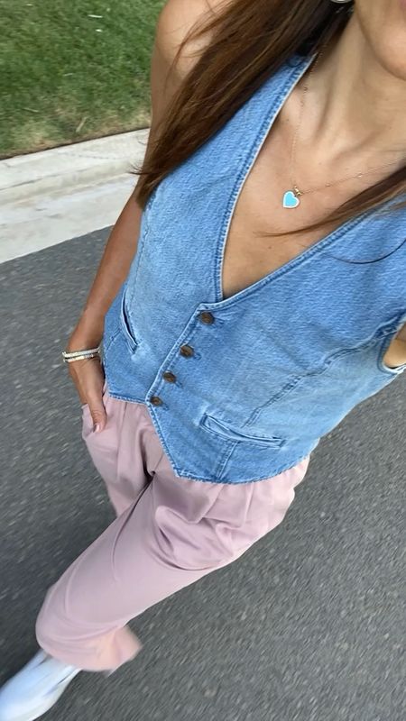 Denim vest in small 
Riggs pant in small love !! So comfy! 
Summer outfit 
Sneakers Tts 