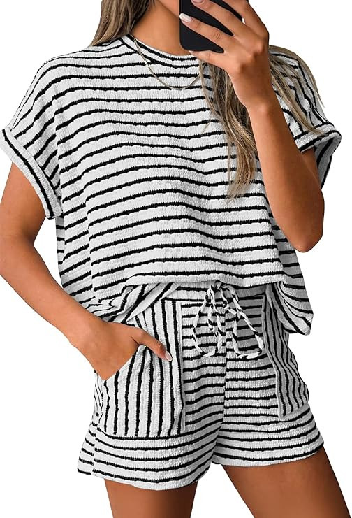 Tankaneo Womens Striped Summer 2 Piece Short Sets Short Sleeve T Shirts Drawstring Shorts Casual ... | Amazon (US)