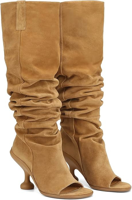 Women's Leather Knee High Boots Open Square Toe Pull On Slouchy Wide Calf Boots | Amazon (US)
