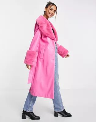 Ever New faux fur belted PU coat in pink | ASOS (Global)