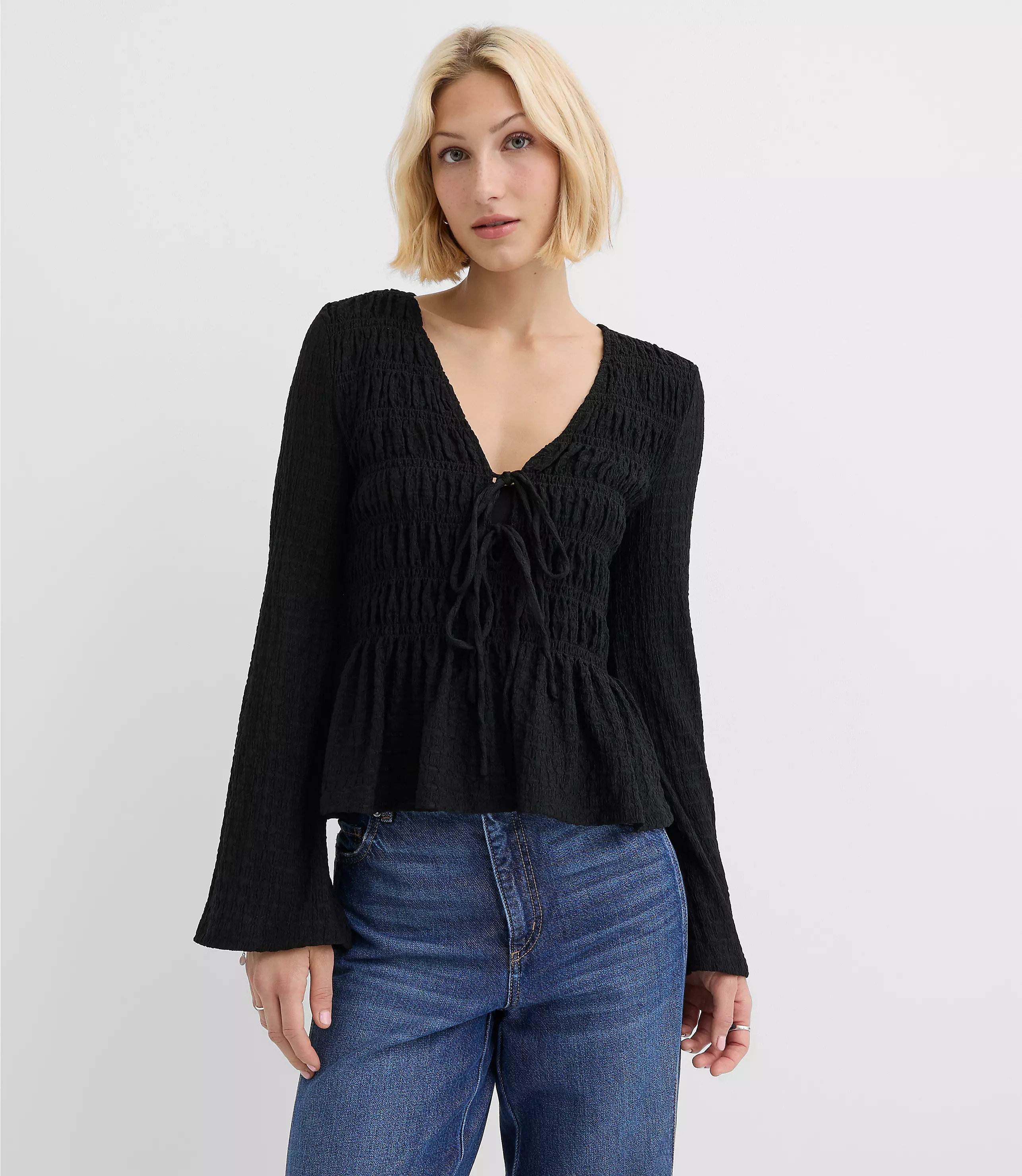 Tie Smocked Flare Sleeve Top | LOFT