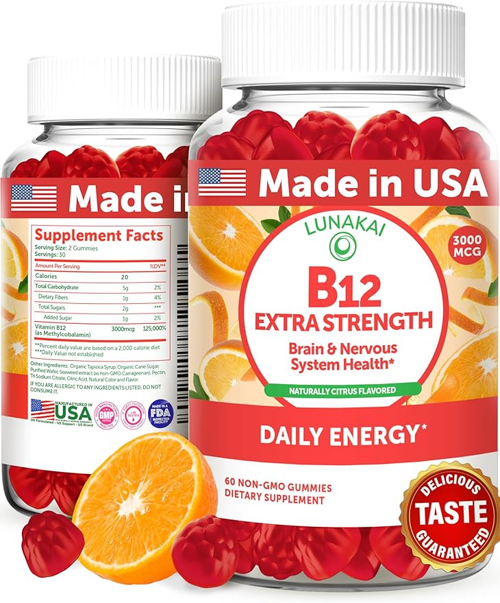 Lunakai Extra Strength 3000mcg Vitamin B12 Gummies - USA Made, Delicious Daily Energy & Metabolis... | Amazon (US)