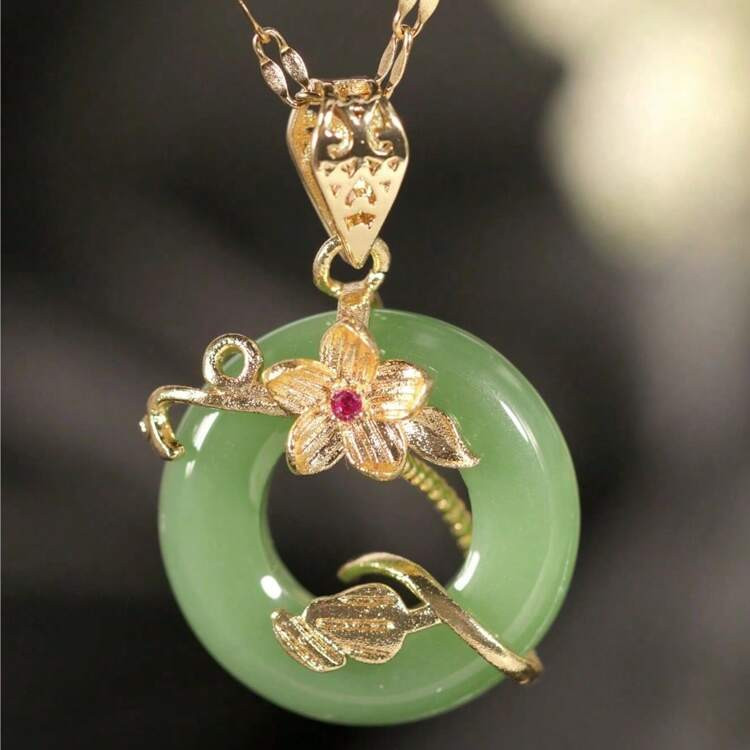 1pc Flower Tree Of Life Pendant With Faux Jade Stone, Leaves Decor Necklace, Unique Design For Wo... | SHEIN