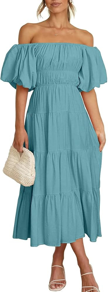 LILLUSORY Off The Shoulder Dresses for Women 2023 Spring Puff Sleeve Summer Flowy Smocked Dress | Amazon (US)