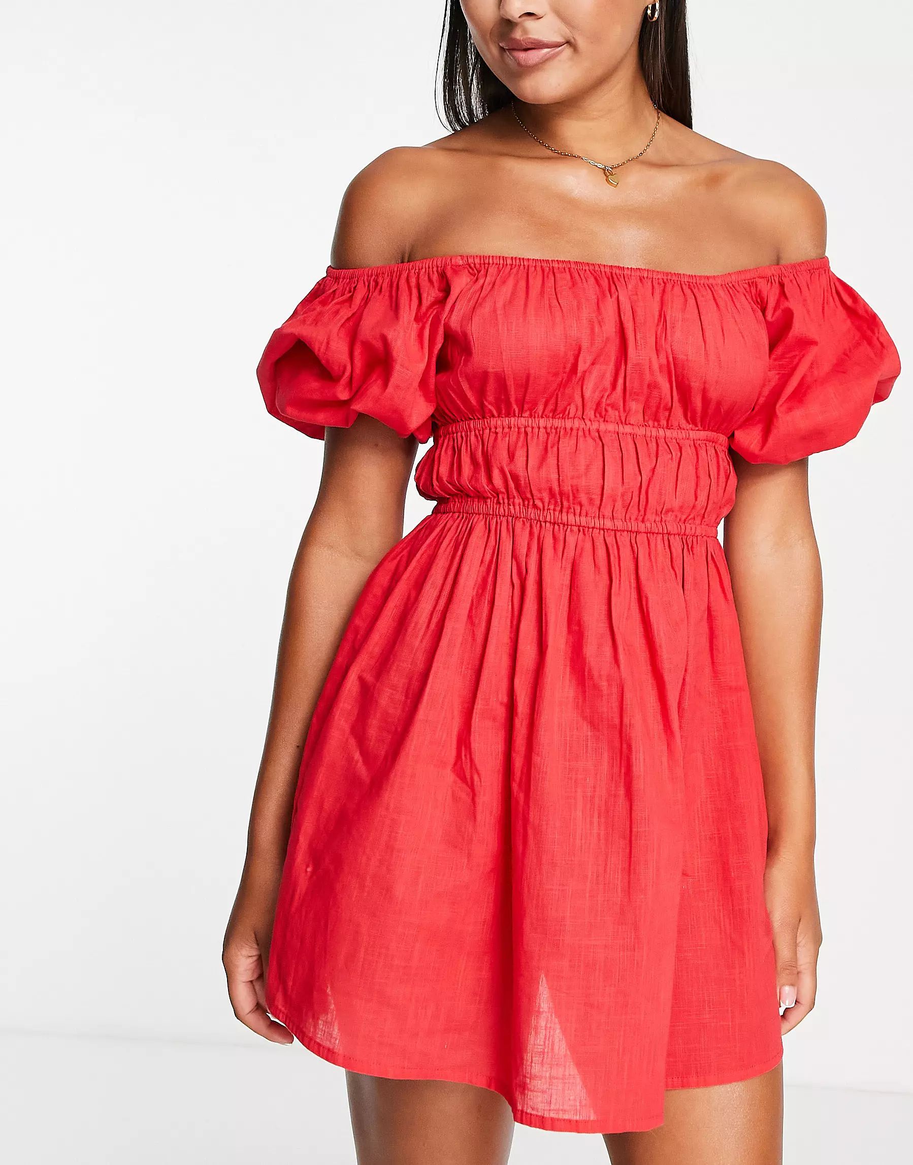 ASOS DESIGN off shoulder milkmaid mini beach dress in red | ASOS (Global)