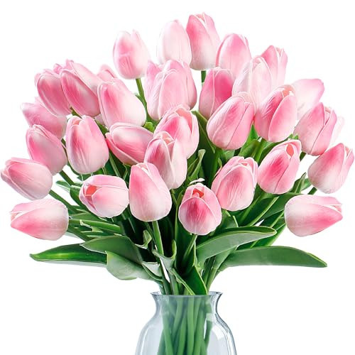 Sggvecsy 30 Pcs Fake Tulips Artificial Flowers Real Touch PU Faux Flowers Tulip Stems for Wedding Spring Bouquet Floral Arrangement Home Party Office Decorations for Mother's Day (Light Pink) | Amazon (US)