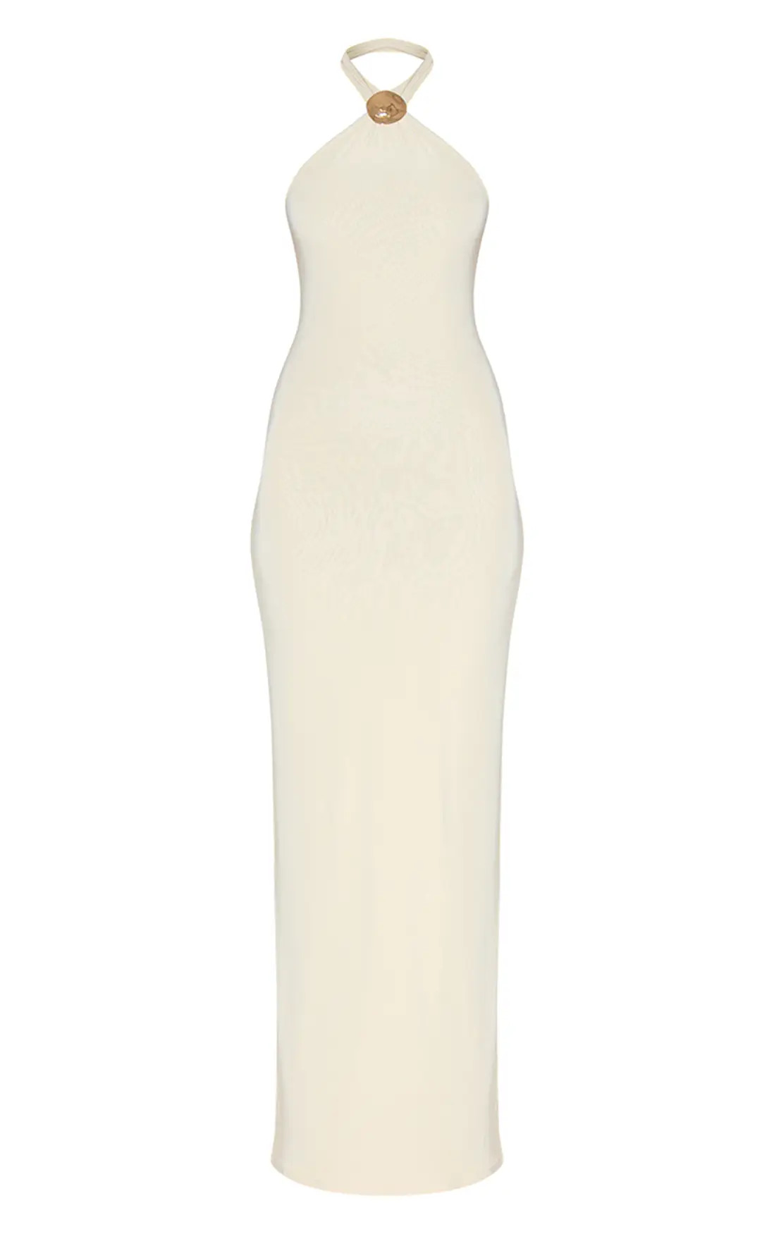 Almond Double Layered Slinky Halter Neck Trim Detail Maxi Dress | PrettyLittleThing US