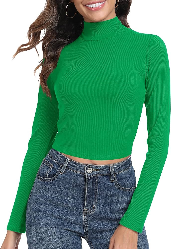Artfish Women's Basic Mock Neck Slim Fitted Workout Rib Knit Long Sleeve Crop Top | Amazon (US)