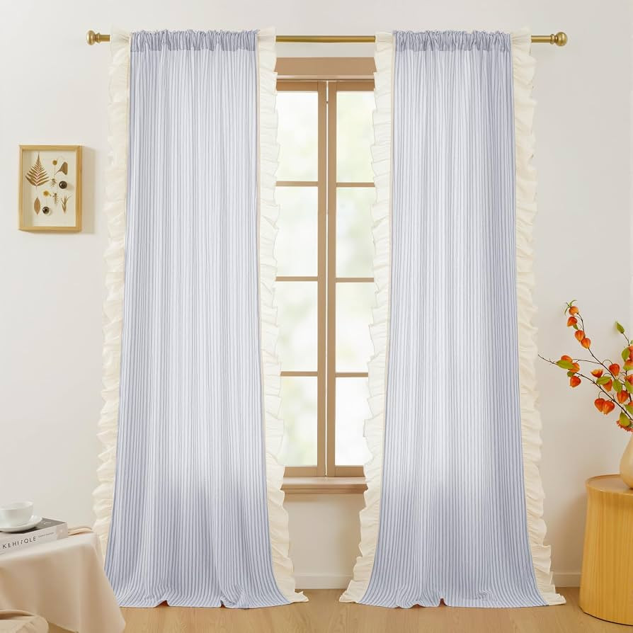 RYB HOME Linen Striped Ruffle Curtains Light Filtering Semi-Sheer 84 inches Long, Vertical Boho F... | Amazon (US)