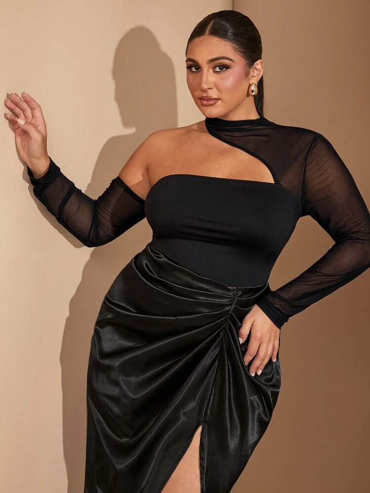 SHEIN BAE Plus Size Women Black Mesh Contrast Asymmetric Bodysuits, Strapless Bodysuits, Women Bo... | SHEIN