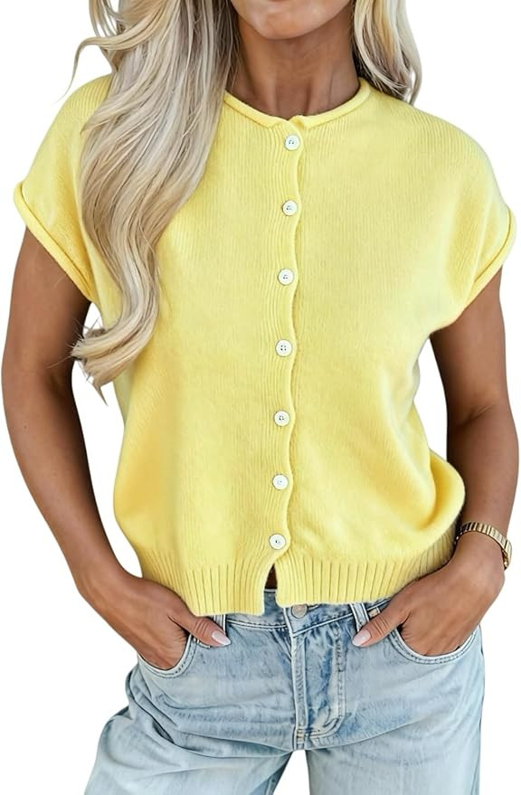 Womens Rolled Cap Sleeve Knit Top Button Up Summer Lightweight Sweater Cardigan | Amazon (US)
