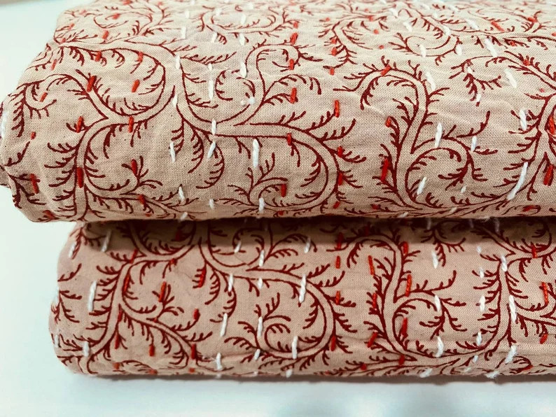 Red Vine Indian Block Kantha Quilt, Beige Block Print Bedspread, Handmade Cotton Blanket, Reversi... | Etsy (Global)