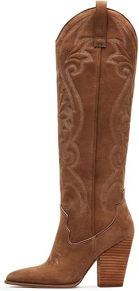 Knee High Cowboy Boots for Women Pointed Toe Chunky High Heels Pull-on Embroidered Boots Western ... | Amazon (US)