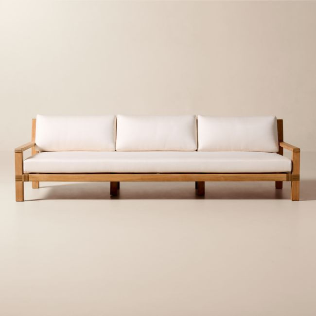 Oakley 100"" Teak Outdoor Sofa With Ivory Sunbrella® Cushions | CB2