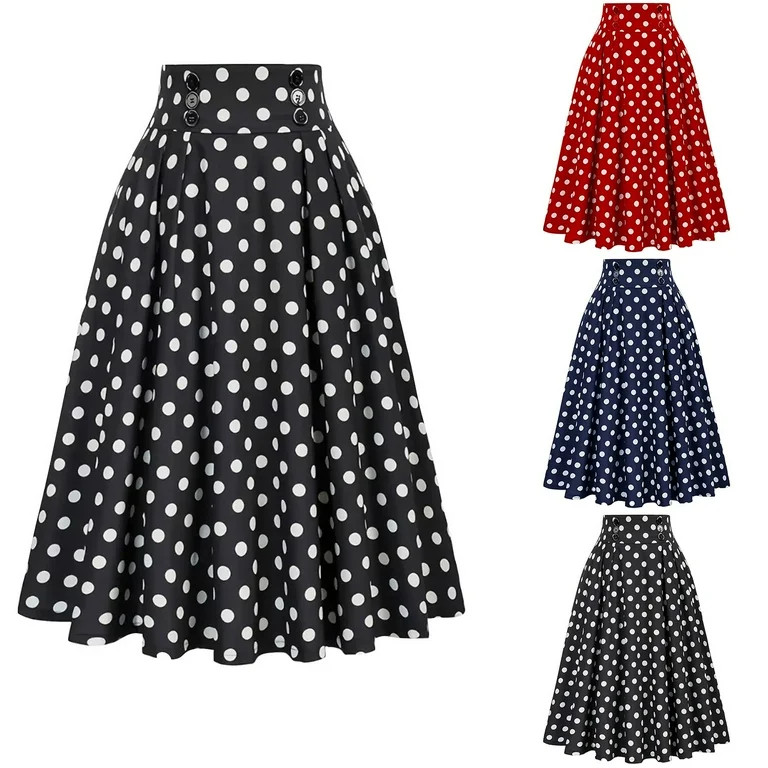 Lovskoo Women's Pleated Vintage Skirt Polka Dot A-Line High Waist Midi Skirts Red | Walmart (US)