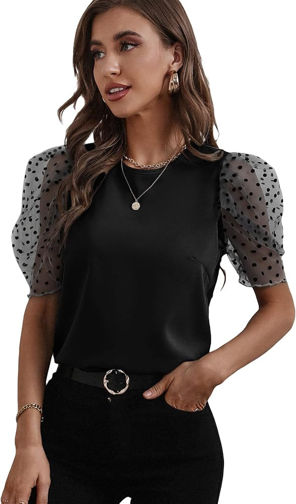 SheIn Women's Grid Office Blouse Work Top Puff Sleeve Shirt | Amazon (US)