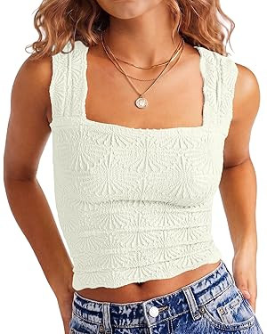 DouBCQ Women Cute Crop Tank Top Square Neck Wide Strap Vest Slim Fit Floral Lettuce Trim Cropped ... | Amazon (US)