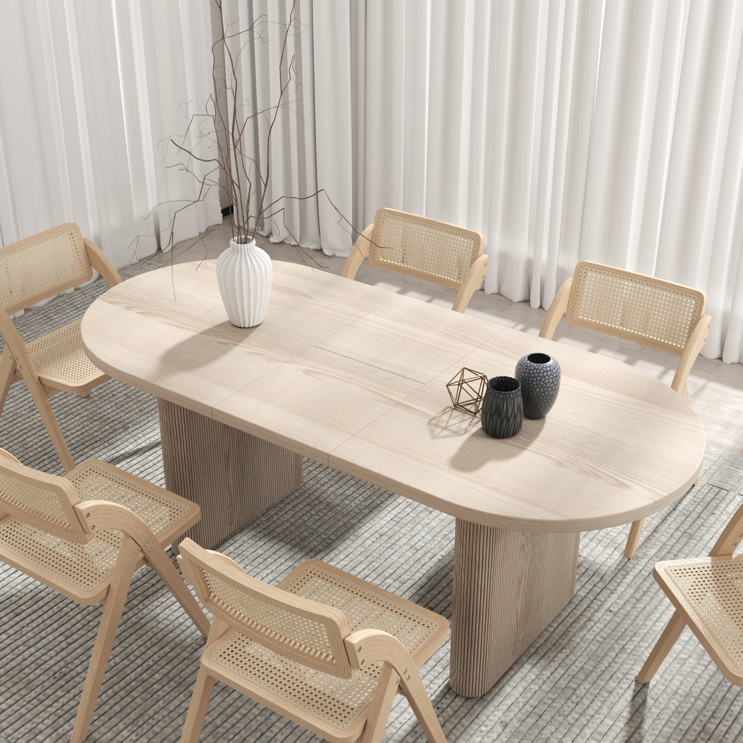 Dining Table Set 63""-79"" Oval Extendable Whitewash Dining Table & 6 Solid Wood Dining Chairs | Homary