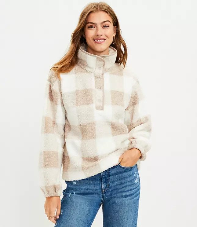 Plaid Sherpa Snap Collar Top | LOFT