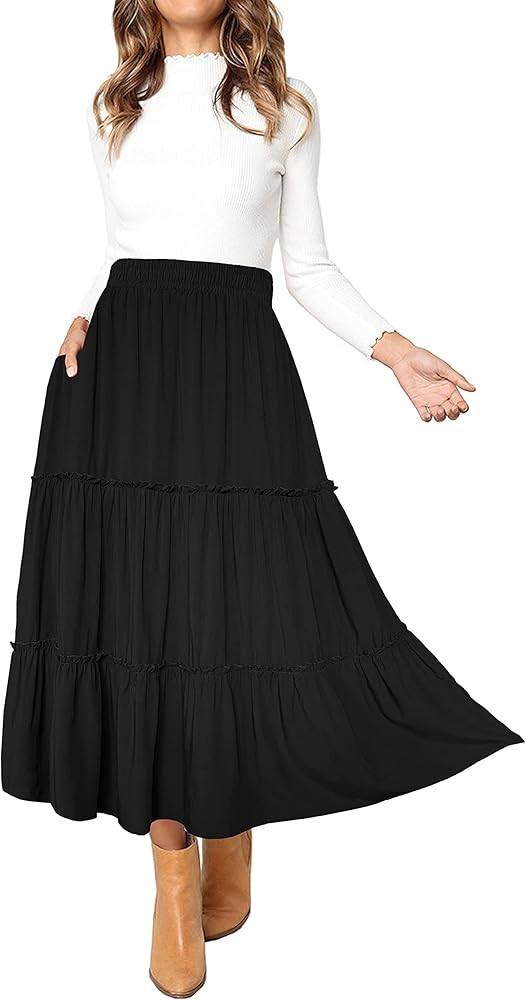 Afibi Womens High Waist A Line Ruffle Swing Long Maxi Skirt with Pockets | Amazon (US)
